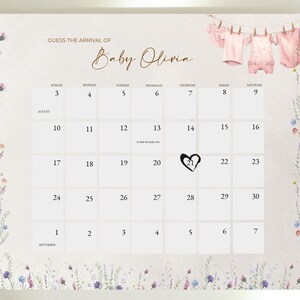 Guess Baby&#39;s Birthday, Baby Shower Baby Prediction, Girl Clothes Baby ShowerDue Date Game, Guess the Arrival Date Calendar Boho Wildflowers