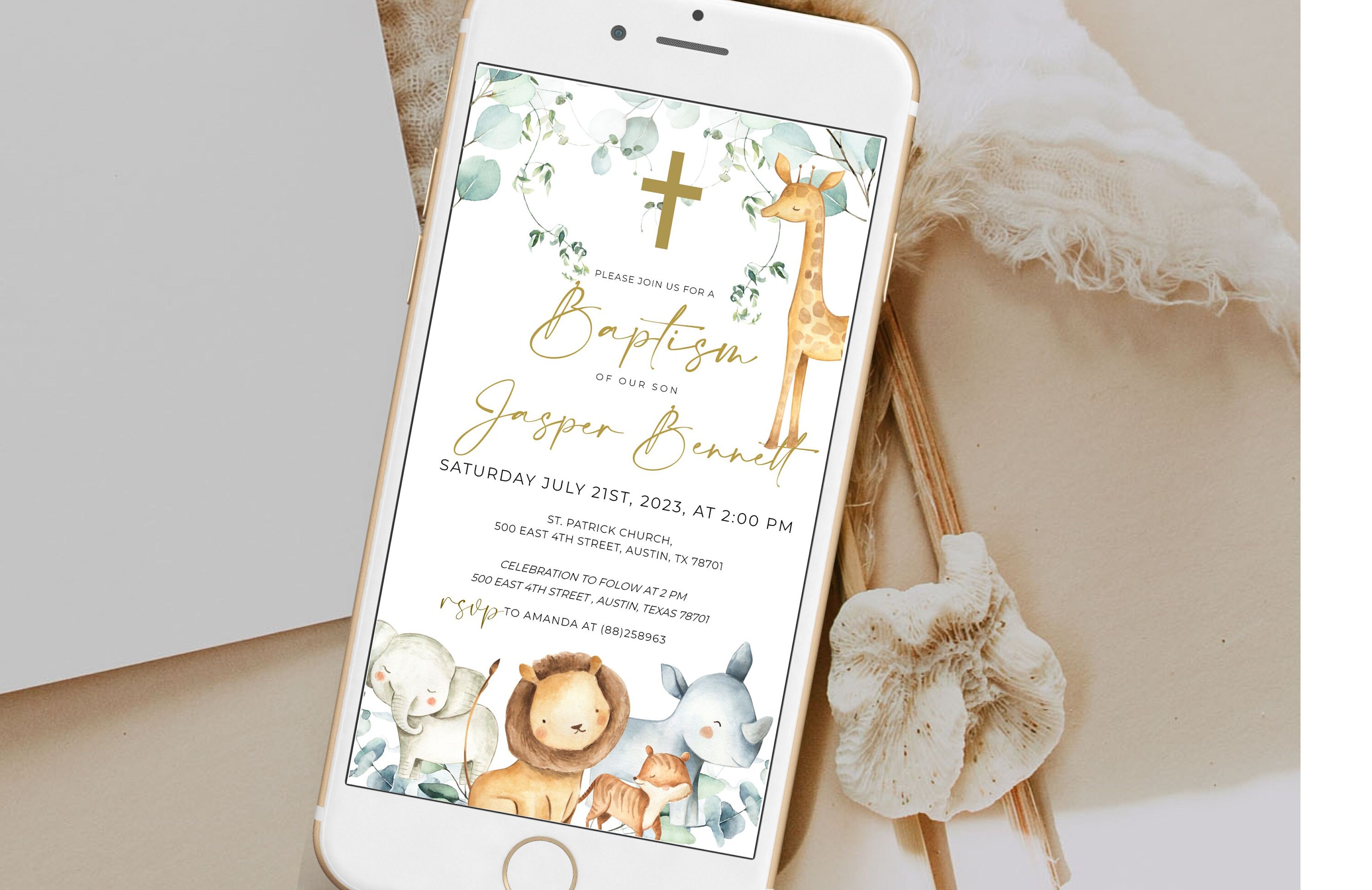 Baptism Evite With Safari Animals, Christening and Birthday Safari