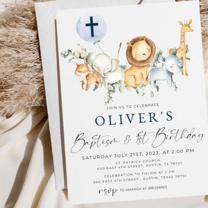 Baptism and first birthday invitation, First birthday invitation boy, baptism invitation, safari animals, safari baptism, safari birthday