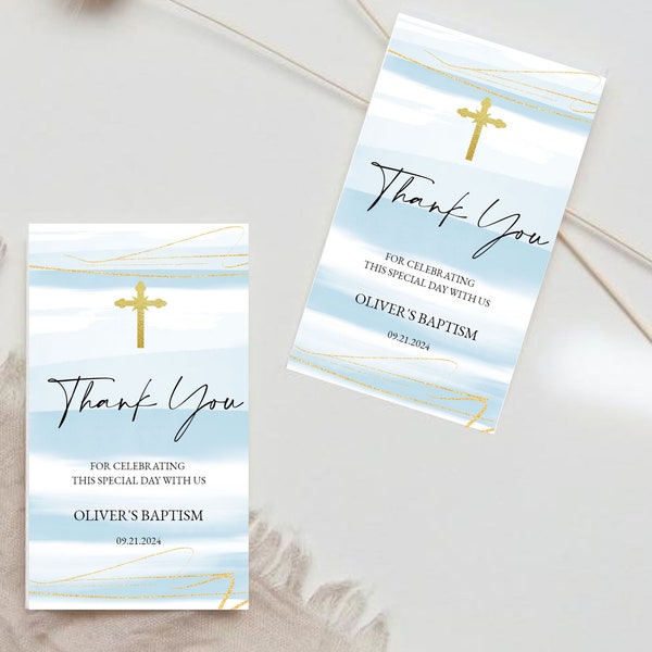 Baptism Favor Tag Template, Blue and  Gold , Christening Gift Tags, Light Blue Watercolor, Dedication Tag, Printable, Editable, Download