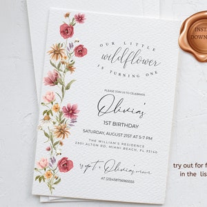 Wildflower birthday invitation, 1st Birthday Girl,  1st Birthday Invitation, Girls birthday invite, Wildflower 1st birthday