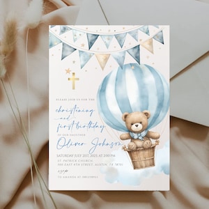 Invito al battesimo digitale, Evite Baptism, Invito elettronico con orso blu, Decorazione in mongolfiera, Battesimo del neonato, Prima comunione, Modificabile