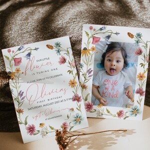 Wildflower first birthday invitation, spring first birthday, instant download