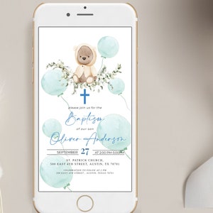Baptism Invitation  for boys, baptism electronic invite, Electronic Baptism, baptism evite, bear balloon invitation, bear christening,