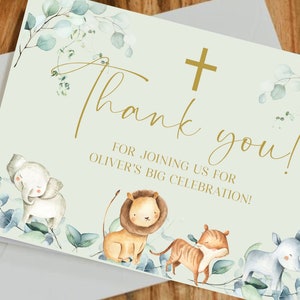 thank you baptism cards, greeney thank you card, jungle animals, safari animals, bautizo, christening, gracias, editable, printable, BI01