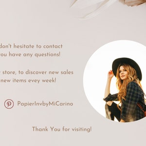 Puede incluir: Una mujer con un sombrero negro y una camisa a cuadros est&aacute; sentada en un campo. La imagen est&aacute; en un c&iacute;rculo con un fondo blanco. El texto "No dudes en contactarme si tienes alguna pregunta!" est&aacute; por encima del c&iacute;rculo. El texto "&iexcl;Favorece mi tienda para descubrir nuevas ventas y nuevos art&iacute;culos cada semana!" est&aacute; debajo del c&iacute;rculo. El texto "Encu&eacute;ntrame en Pinterest PapierInvbyMiCarino" est&aacute; debajo del texto. El texto "&iexcl;Gracias por tu visita!" est&aacute; en la parte inferior de la imagen.