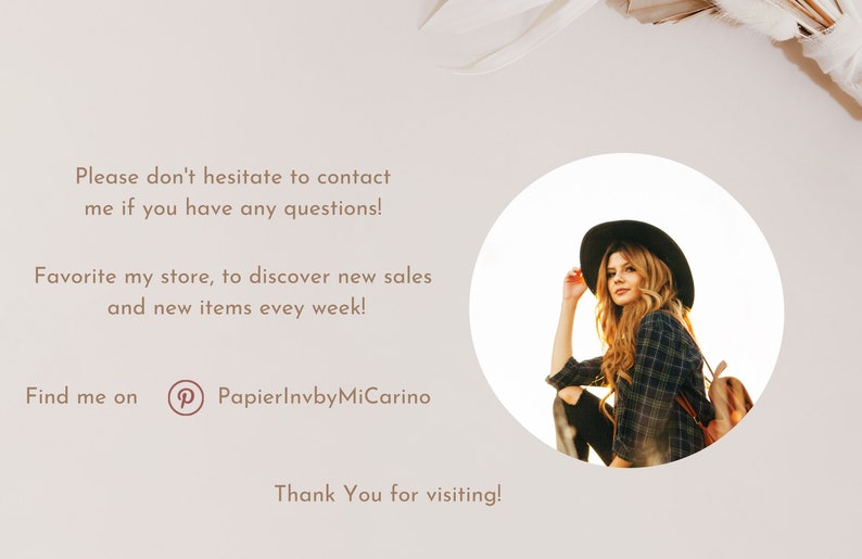Puede incluir: Una mujer con un sombrero negro y una camisa a cuadros est&aacute; sentada en un campo. La imagen est&aacute; en un c&iacute;rculo con un fondo blanco. El texto "No dudes en contactarme si tienes alguna pregunta!" est&aacute; por encima del c&iacute;rculo. El texto "&iexcl;Favorece mi tienda para descubrir nuevas ventas y nuevos art&iacute;culos cada semana!" est&aacute; debajo del c&iacute;rculo. El texto "Encu&eacute;ntrame en Pinterest PapierInvbyMiCarino" est&aacute; debajo del texto. El texto "&iexcl;Gracias por tu visita!" est&aacute; en la parte inferior de la imagen.