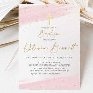 Pink & Gold Baptism Invitation Template, Printable Pink Watercolor Christening Invite, Girl Baptism, Editable ,Download