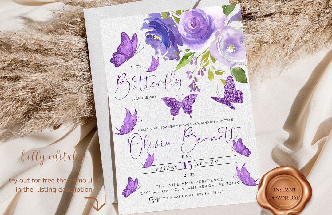 Butterfly Baby Shower Invitation Purple Butterfly Invitation Etsy