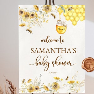 Mommy to Bee babyshower welkomstbord, welkomstbord honingbij wilde bloemen, zonnebloem lente bij welkomstbord, borden zonnebloem bij, download