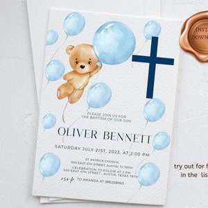 Baptism invitation boy, Christening invite, Bear baptism invitation, Beary invite, Bear balloons, Digital, Instant Download