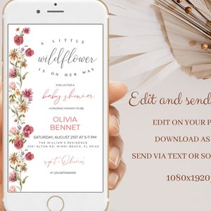 Baby Shower Evite, Wildflower Baby Shower, Electronic Invite, Digital Invitation , Girl Wildflower Baby Shower, Editable, Download