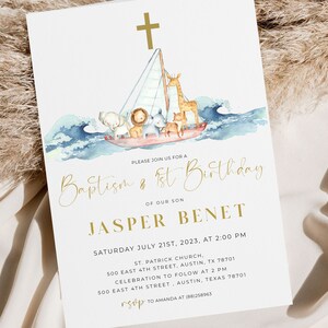 baptism and birthday invitation,  christening invitation, 1st birthday invite, safari baptism invitation, jungle animal, boat animals