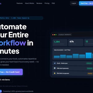 Puede incluir: Interfaz de sitio web azul oscuro con el texto "Automatice todo su flujo de trabajo en minutos". Un panel muestra visualizaciones de datos y detalles de automatización de tareas.