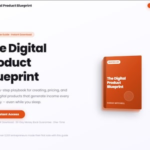 Może przedstawiać: Strona internetowa "The Digital Product Blueprint" z pomarańczową okładką książki. Tekst opisuje, jak tworzyć, wyceniać i sprzedawać produkty cyfrowe. Książka nosi tytuł "The Digital Product Blueprint" i zawiera nazwisko autora.