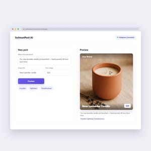May include: A software interface titled SolmanPost AI displaying a post creation tool. The preview section shows a terracotta-colored ceramic candle holder with a white wax candle and a sprig of lavender, labeled New Lavender Candle for $24.