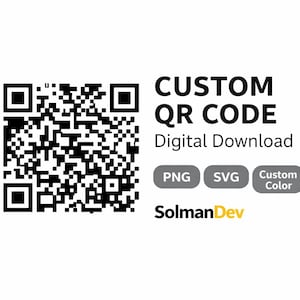 May include: A black and white QR code graphic with the text "CUSTOM QR CODE Digital Download". Includes options for PNG, SVG, and custom colour formats. The SolmanDev logo is also present.