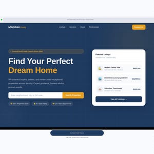 Può includere: Un'interfaccia del sito Web per Meridian Realty, con uno sfondo blu scuro e testo bianco e oro. Il titolo recita "Find Your Perfect Dream Home". Gli annunci in primo piano vengono visualizzati a destra.