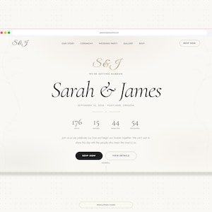 May include: A wedding website template displayed on a computer screen. The website features the names "Sarah & James" in elegant script, along with a countdown timer. The design is minimalist with a cream and gold color scheme, and includes navigation links.