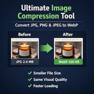 May include: An advertisement for an image compression tool. The image shows a before-and-after comparison of a candle image, converting from JPG to WebP. The text highlights smaller file size, same visual quality, and faster loading.
