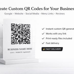 Könnte beinhalten: Ein weißes Display mit einem QR-Code, dem Text "Create Custom QR Codes for Your Business" und Symbolen für Google, Yelp und Instagram. Das Display enthält auch den Text "BUSINESS NAME HERE" und "CITY / WEBSITE (optional)." Das Bild wirbt für die sofortige QR-Code-Generierung.