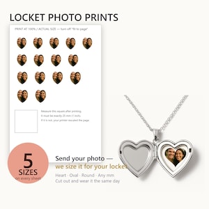 May include: A silver heart-shaped locket on a chain, shown open with a photo of a couple inside. Next to it is a printable sheet with multiple heart-shaped photo templates, a 1-inch square measurement guide, and text: LOCKET PHOTO PRINTS.