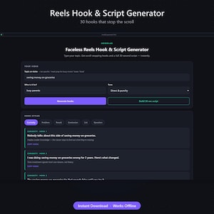 May include: A digital interface for a Reels Hook & Script Generator featuring a dark theme with purple and teal accents. The screen displays input fields for video topics, target audience, and tone, alongside generated hook styles and text.