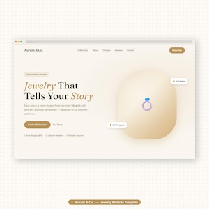 May include: A website mockup for Aurum & Co. features a light beige background with the text "Jewelry That Tells Your Story." A ring graphic is displayed. The site includes navigation links and a "Shop Now" button.