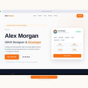 Könnte beinhalten: Screenshot einer Website für Alex Morgan, UI/UX-Designer & Entwickler. Die Seite hat ein klares Design mit orangefarbenen Akzenten, einschließlich einer Schaltfläche "Work With Me". Die Seite hebt Erfahrung und Kundenzufriedenheit hervor.
