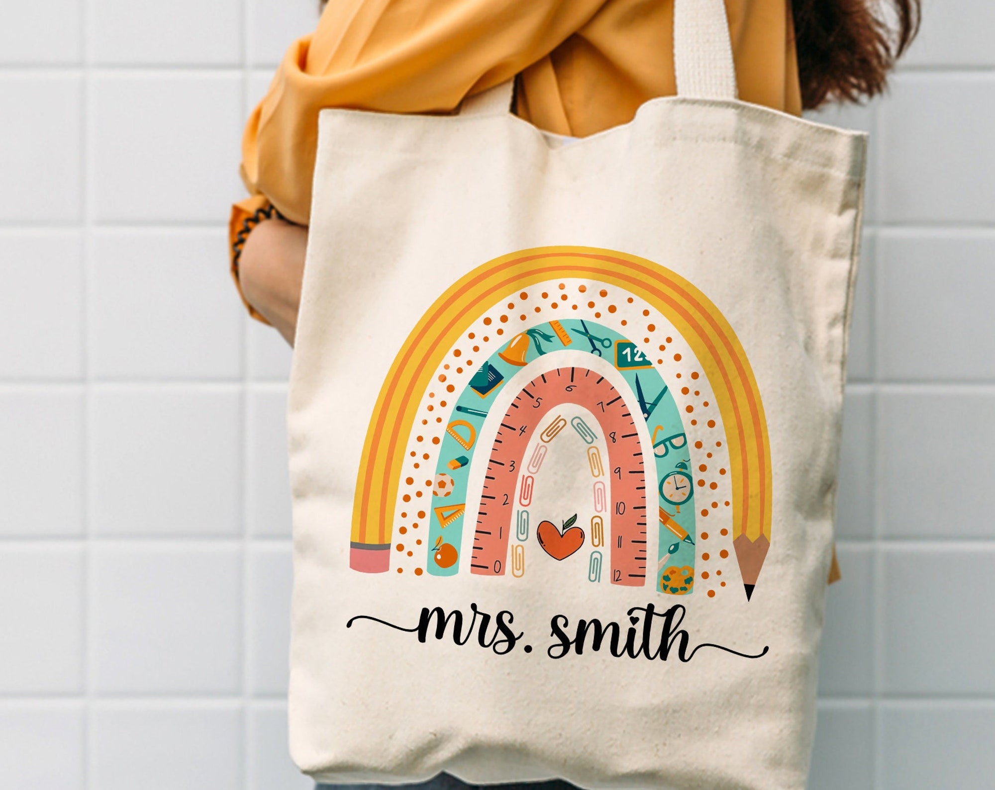 Discover Personalised Teacher Tote Bag, Back To School Gift, Teacher Gifts, Rainbow Teacher Bag