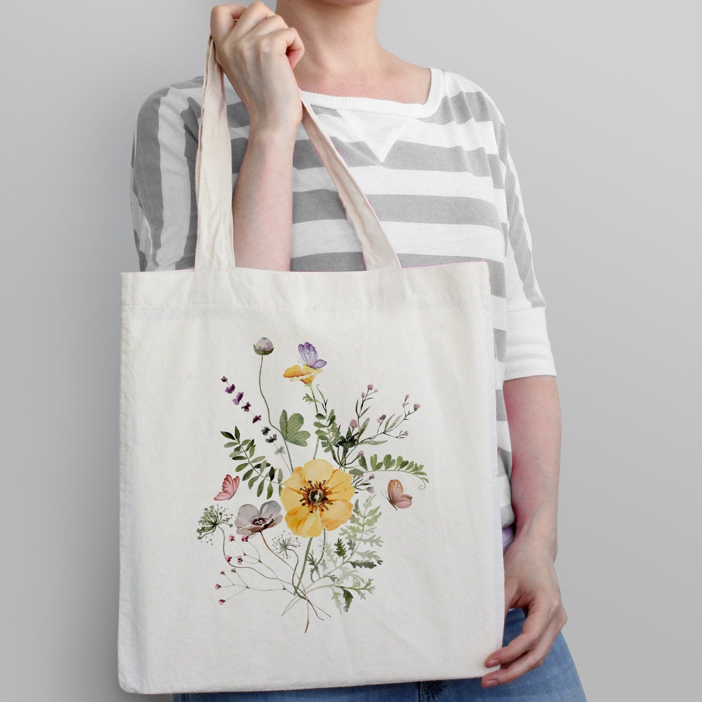 Floral Tote Bag Botanical Print Flower Bag Wildflowers Tote - Etsy