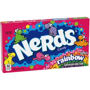 May include: A box of Nerds Rainbow candy. The box is pink and blue with a picture of colorful Nerds candies. The box says "Nerds Candy" and "rainbow" in white letters. The box also says "60 calories per tbsp" and "Net Wt 5 oz (141 g)".