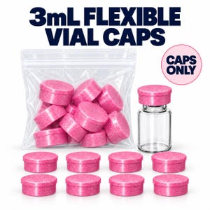 May include: A collection of pink glittery flexible vial caps for 3mL vials. The set includes a clear plastic bag filled with multiple caps and eight loose caps arranged in two rows. A single clear glass vial is shown with one cap attached.