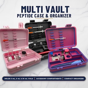 May include: Three rectangular Multi Vault Peptide Case & Organizer units in pink, black, and purple. Each case features interior slots for syringes, circular cutouts for vials, and accessory compartments. The text reads: Multi Vault Peptide Case & Organizer, Holds 3 mL, 5 mL & 30 mL Vials, Accessory Compartments, Compact Organizer.