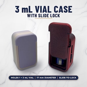 May include: A 3 mL vial case with slide lock. One case is light beige with a lavender front panel, and the other is dark red with a textured sliding cover. The text reads 3 ML VIAL CASE WITH SLIDE LOCK and HOLDS 1 x 3 mL VIAL | 17 mm DIAMETER | SLIDE-TO-LOCK.