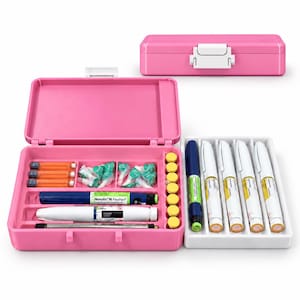 May include: A pink rectangular medical supply case with a white latch, shown both open and closed. The open case contains orange vials, green needle tips, yellow caps, and two insulin pens labeled Novolin N FlexPen and Levemir FlexTouch.