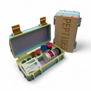 May include: A multi-colored case with the word "PEPTIDES" printed on the side. The case is open, revealing several vials, bottles, and a sterile alcohol prep pad. The case has a handle and latches.