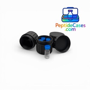 May include: Black cylindrical containers with blue-capped vials. One container is open, revealing several blue caps. The image includes the text "PeptideCases.com" and a graphic of a container with a vial inside.
