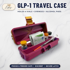 GLP-1 Travel Case, Peptide Storage Box for 4 x 3ml Vials, Syringes and Alcohol Pads, Fridge and Freezer Safe