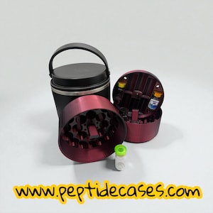 May include: A black and silver insulated container with a handle, a burgundy case with multiple compartments, and a burgundy lid with holes. A small clear vial with a green cap is also visible. The website www.ptidecases.com is displayed.