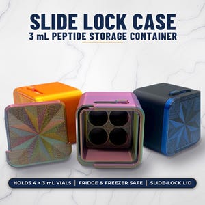 3ml Peptide Storage Container with Slide Lock. Freezer and Fridge Safe. Holds 4 3ml vials (17mmx38mm)
