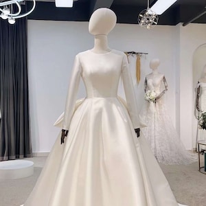 Thea | Long sleeve satin wedding dress, minimalist simple modest courthouse wedding dress, custom unique ball gown, elegant bridal dress