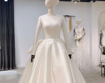 Long sleeve satin wedding dress, minimalist simple modest courthouse wedding dress, custom unique ball gown, classic & elegant bridal dress