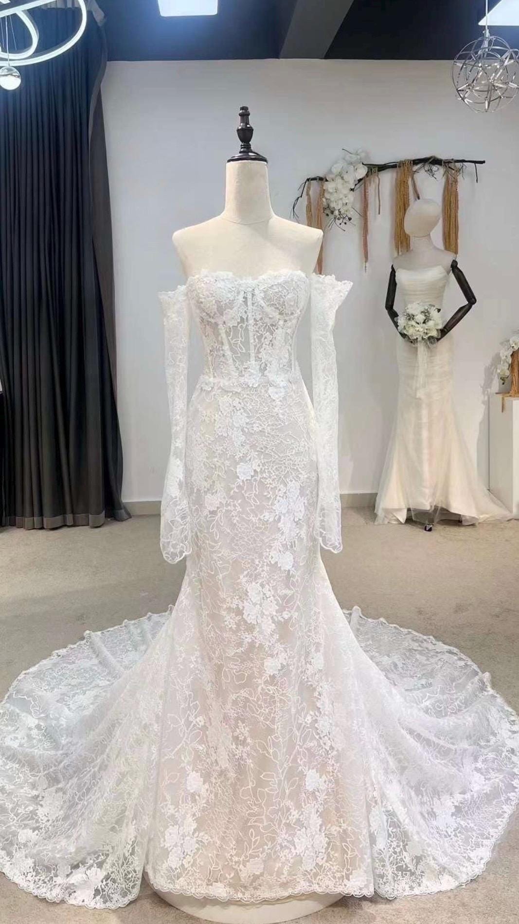 Lacy | Off Shoulder Detached Long Sleeve Lace Corset Mermaid Wedding Dress, Unique Reception Elopement Dress for Courthouse Civil Wedding