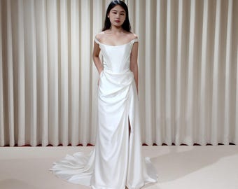 Minimalist Off Shoulder Satin Corset Wedding Dress with Slit |  Chantel