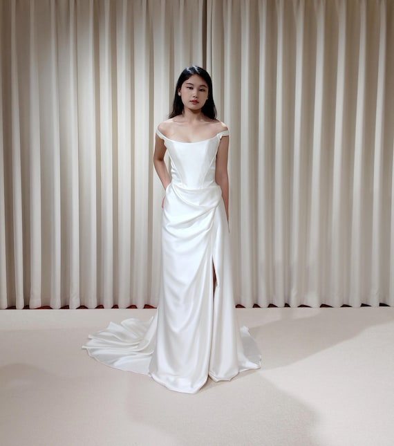 Off the Shoulder Satin Corset Wedding Dress With Slit, Custom Basque Waist Bridal Gown | Chantel