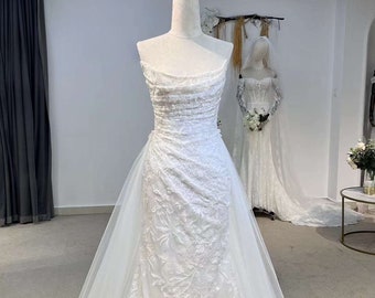 Athena | Minimalist Floral Corset Mermaid Wedding Dress, Custom Romantic Courthouse Civil Reception Dress Casual Elopement Rehearsal Gown