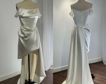 Minimalist Off the Shoulder High Low Satin Wedding Prom Dress, Custom Simple Elegant Gown Courthouse Civil Wedding Reception Elopement Dress