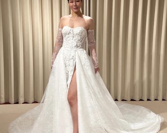 Off the Shoulder Floral Lace Corset Wedding Dress with Detachable Long Sleeves and Hidden Slit, Custom Bridal Ball Gown | Shyann