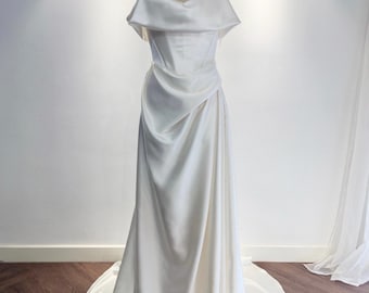 Minimalist Off Shoulder Satin Corset Wedding Dress with Slit | Luna